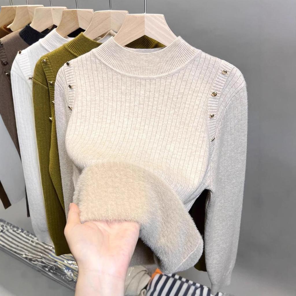 Женский осенне-зимний свитер плюс бархатная полуводолазка нижняя рубашка Единый утолщенный бархатный свитшот новый вязаный свитер верх