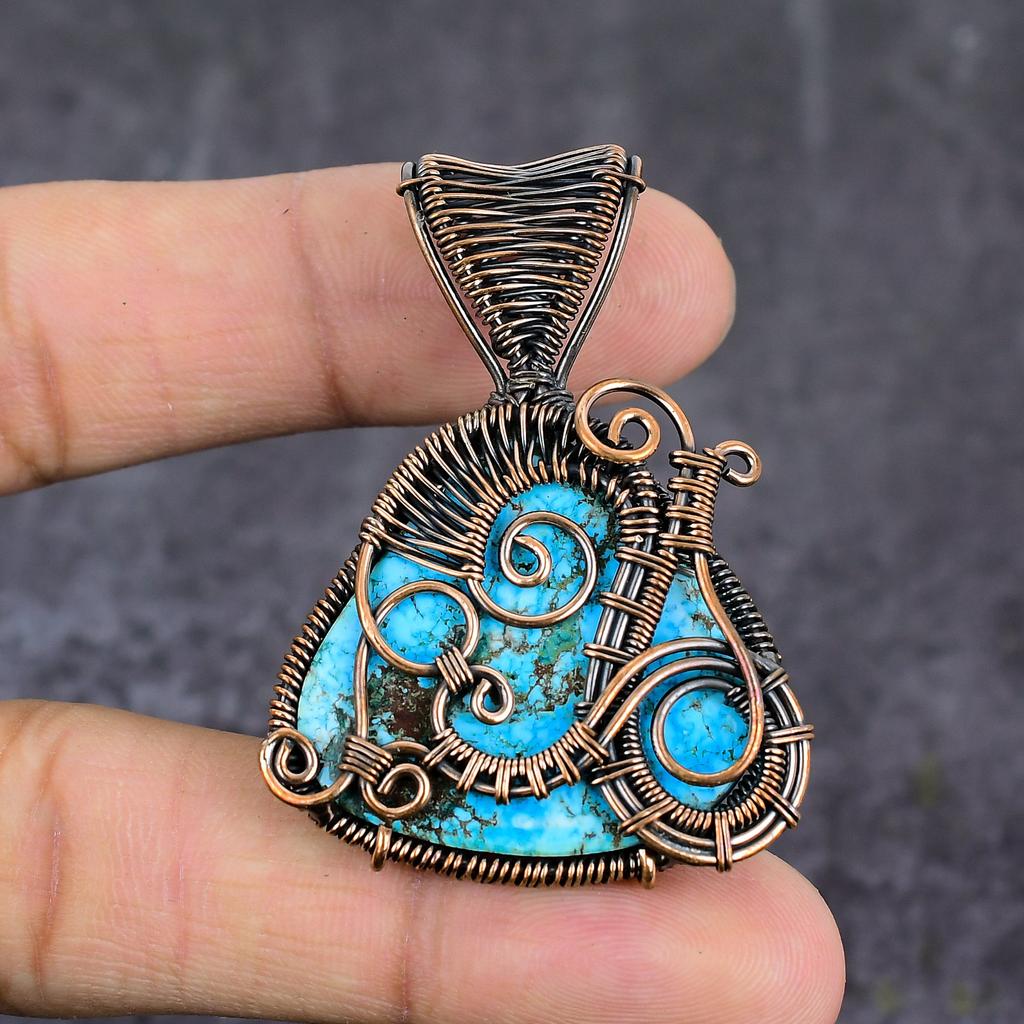 Тибетская бирюза Ручная работа Медная проволока Обернутый Ювелирный кулон 2,09" R8A23