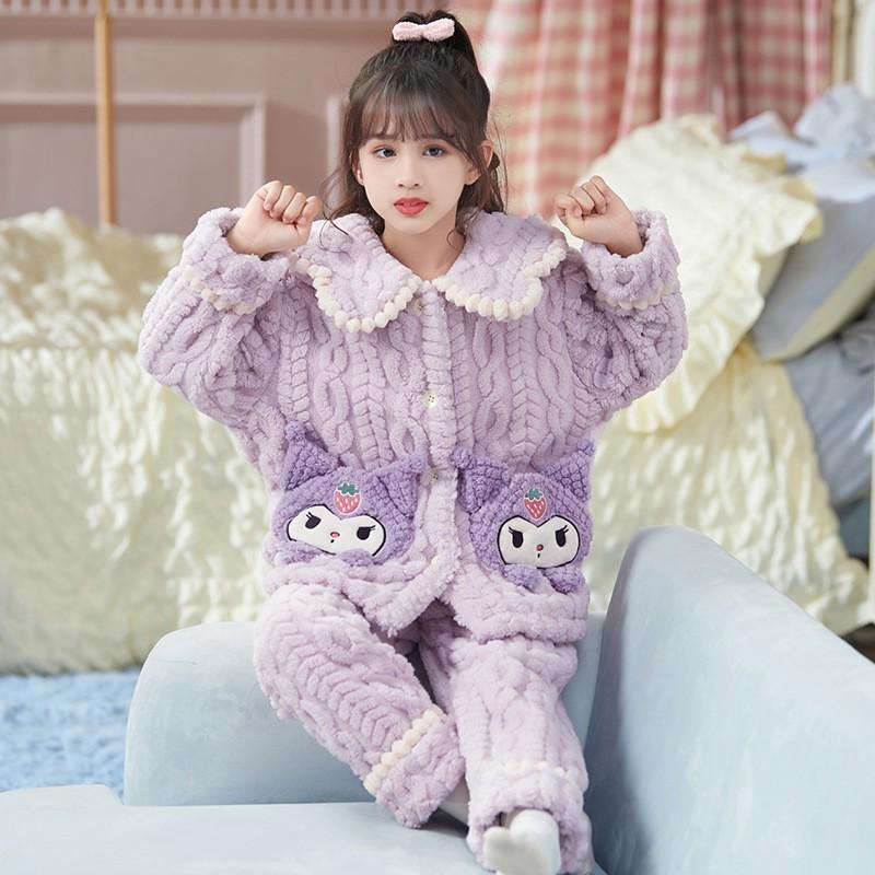 Girls Coral Fleece Pajama Set Long Sleeve Warm Thick Hooded Sleepwear Winter Home Wear
