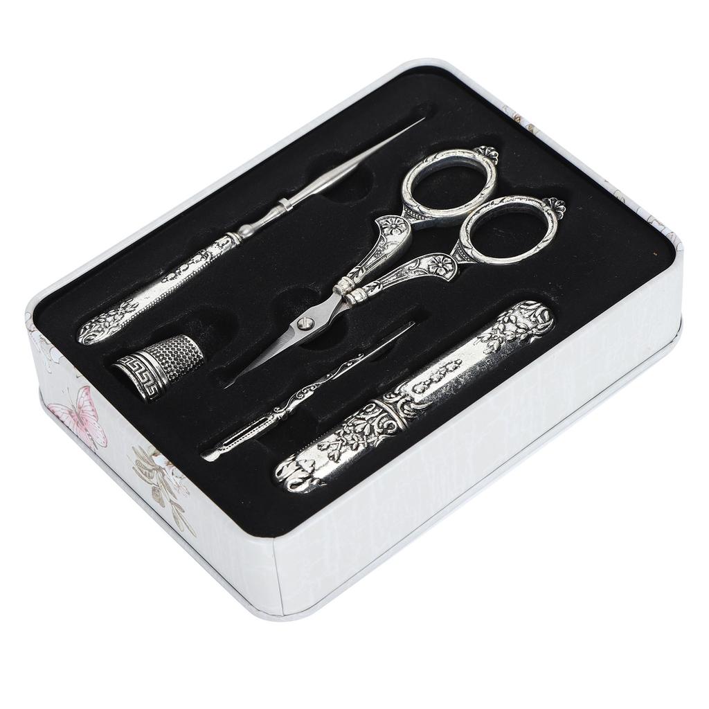 Retro Sewing Scissors Set Silver Threading Needle Thimble Household Cutting Tools Boxed