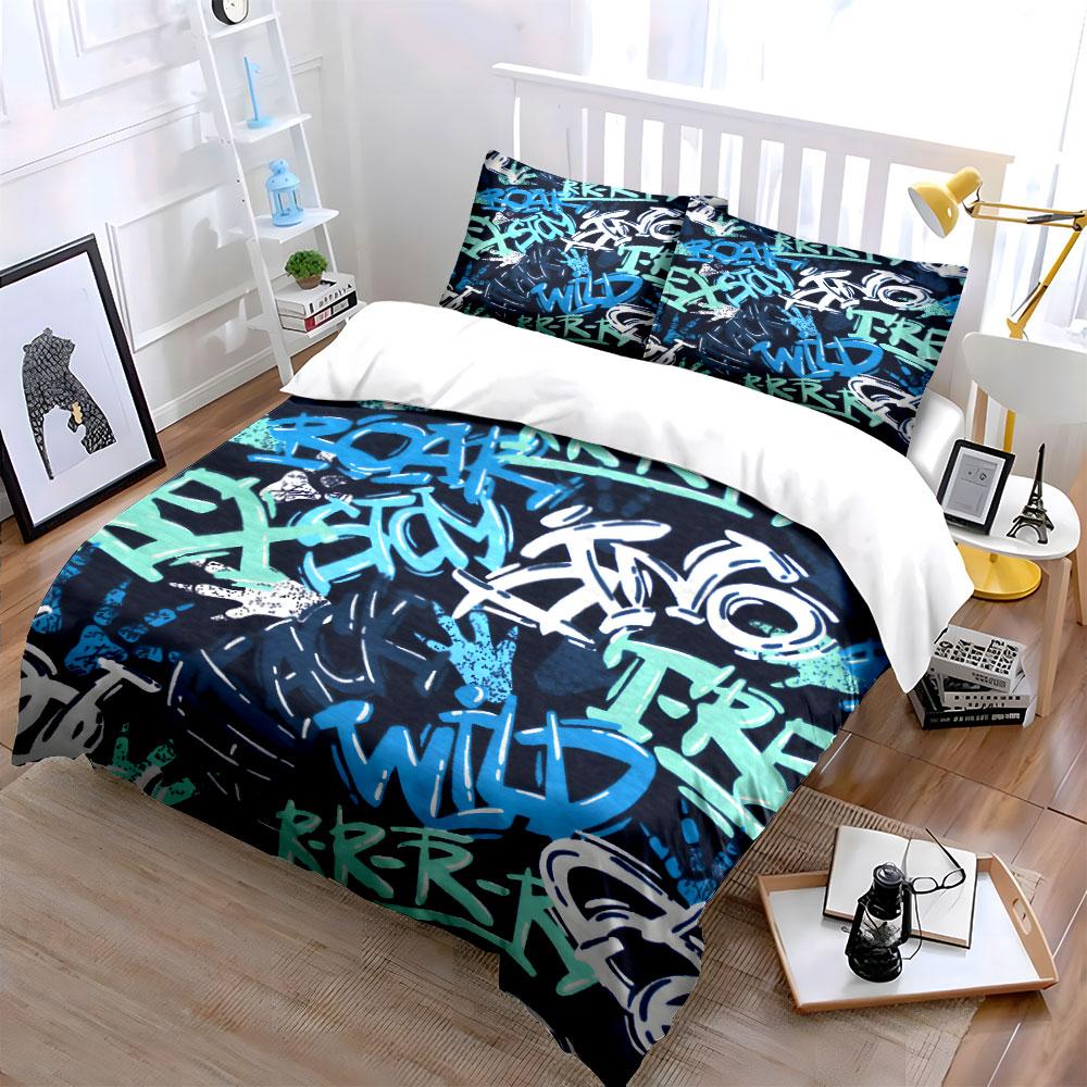 Street Graffiti Letter Bedding Set,Navy Base Cyan White Abstract Text Print 1 Duvet Cover 2 Pillowcases Single Double King