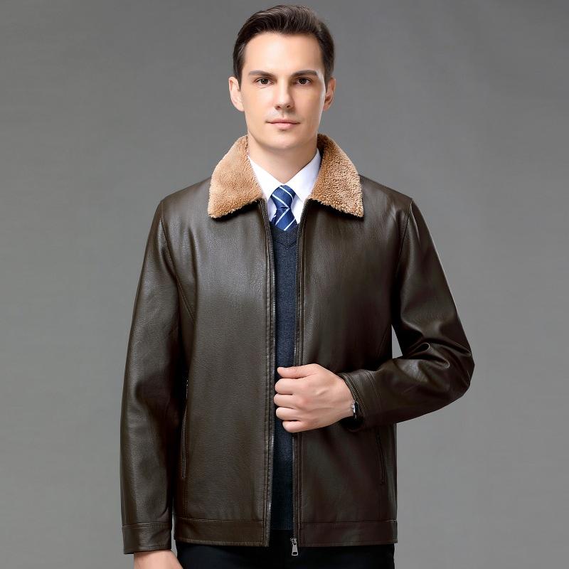 Leather Jacket Men's Autumn and Winter Plus Velvet Fur One-piece Men's Coat Lapel Plus Fat Enlarged Men's Leather Jacket