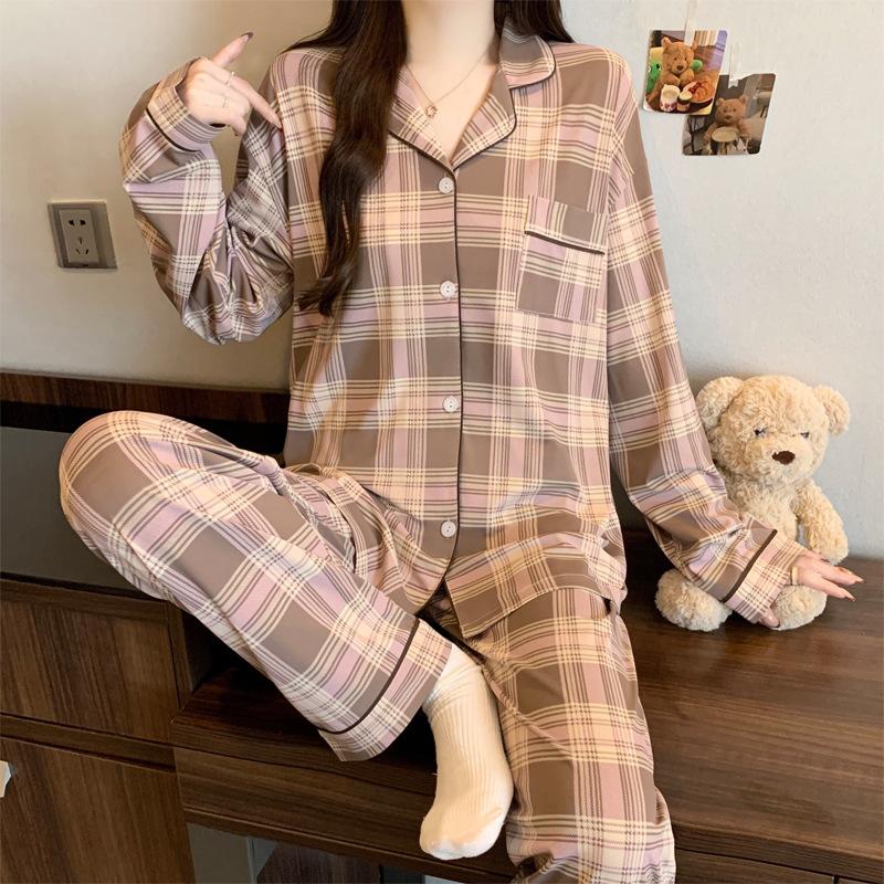 American retro style cardigan pajamas women's spring new long-sleeved trousers spliced plaid loungewear can be worn outside
