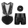 Girls Dance Performance Set Shiny Rhinestones Sleeveless Crisscross Back Leotard Metallic Shorts Headwear