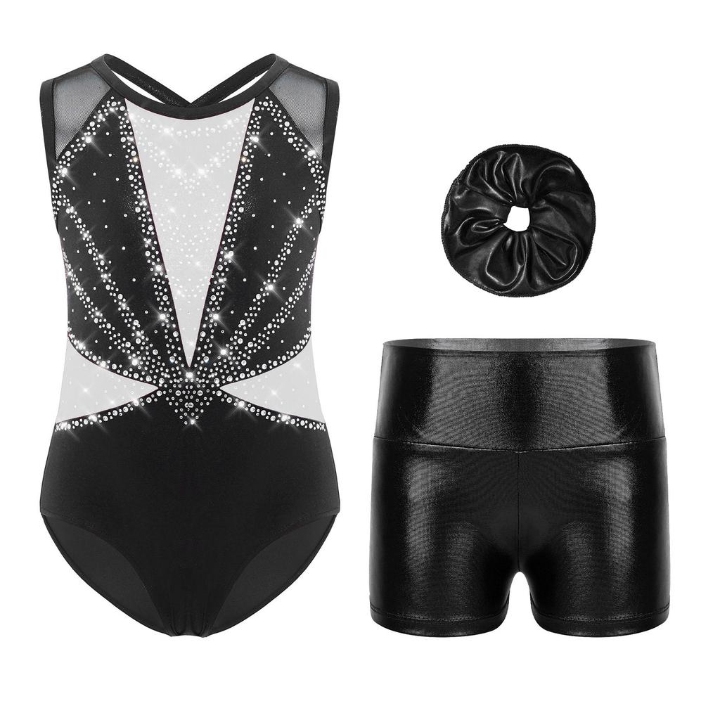 Girls Dance Performance Set Shiny Rhinestones Sleeveless Crisscross Back Leotard Metallic Shorts Headwear
