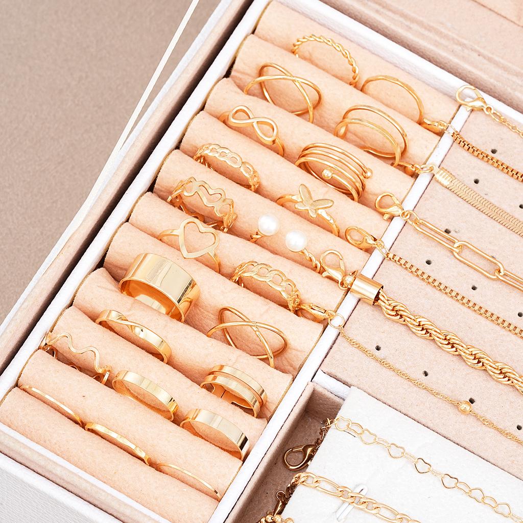 40pcs/Set Elegant Geometric Pearl Rings, Multi-Layered Heart Zircon Necklace, Simple Bracelet 3-In-1 Jewelry Set For Women Gifts