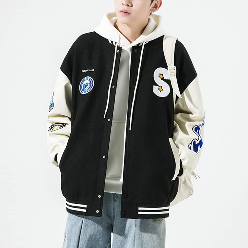 KOSIKINI Varsity Jacket for Men and Loose Cold Plus Size Women, Fit, Embroidered, Weather, Patchwork, Padded, Streetwear, (2XL, Black)