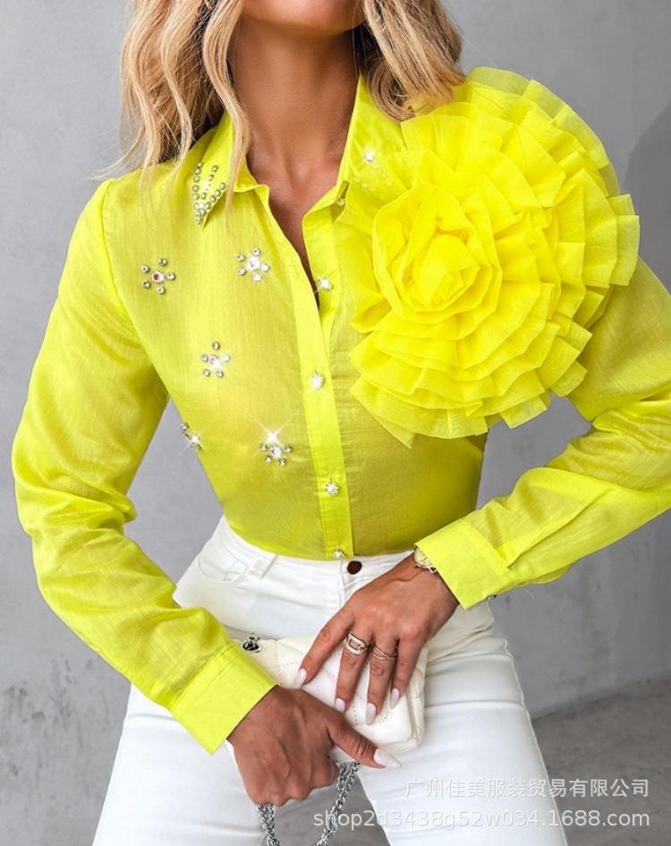 New spring and autumn women's clothing three-dimensional flower perspective ordered diamond shirt wholesale