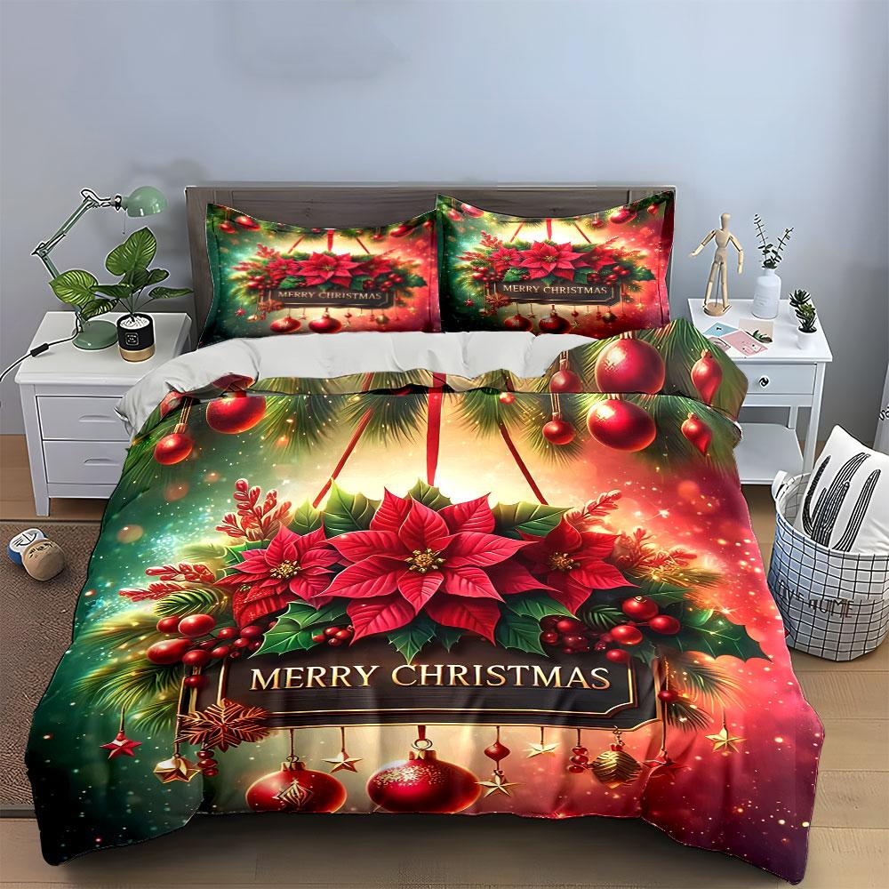 Christmas Poinsettia Decor Set Bedding Duvet Cover Set Duvet Cover Pillowcases (1*Duvet Cover 2*Pillowcases, without duvet insert)