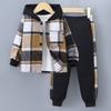 Kids Clothes Autumn/Winter Boys' Long-Sleeved Checkered Contrast-Colour Hooded Two-Piece Set (Top + Trousers)