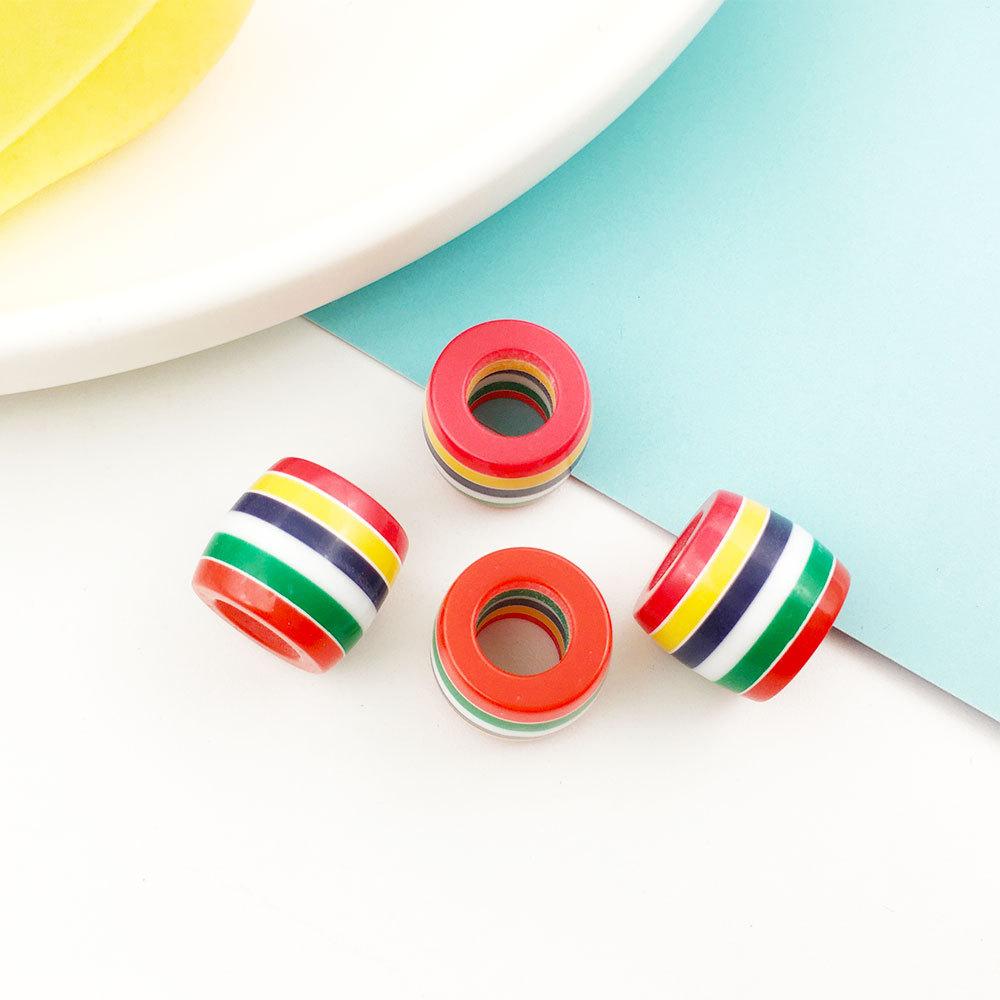 10 шт., 8*14 мм, круглые бусины из смолы в полоску с большим отверстием, акриловые семицветные радужные свободные бусины, браслет «сделай сам», интервальные бусины