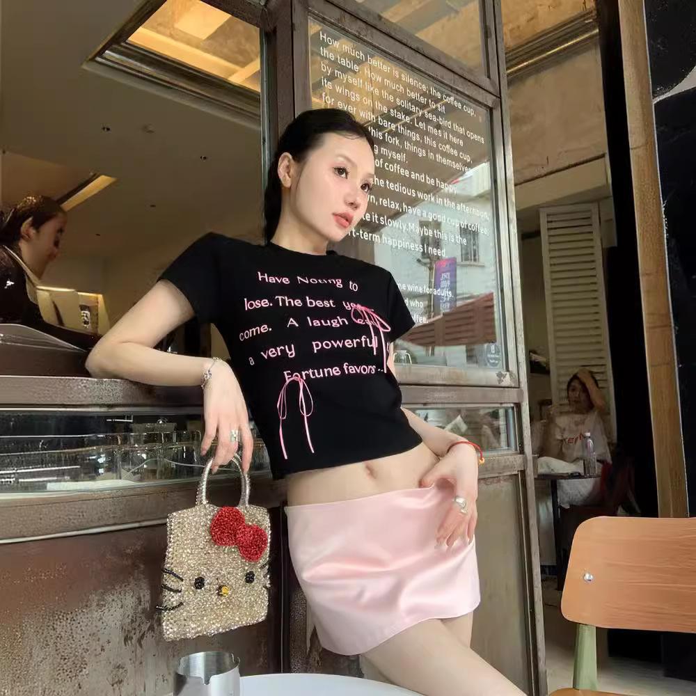 Letter Printed Bow Crew Neck Short Sleeve Shoulder T-Shirt Women's Summer Slim Spice Girl Navel Short Black Top