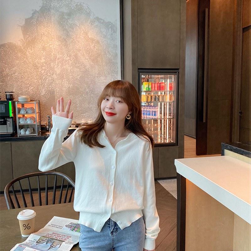 Кардиган вязаный свитер женский весенне-осенний наружный ленивый круглый вырез однотонный однобортный короткий топ