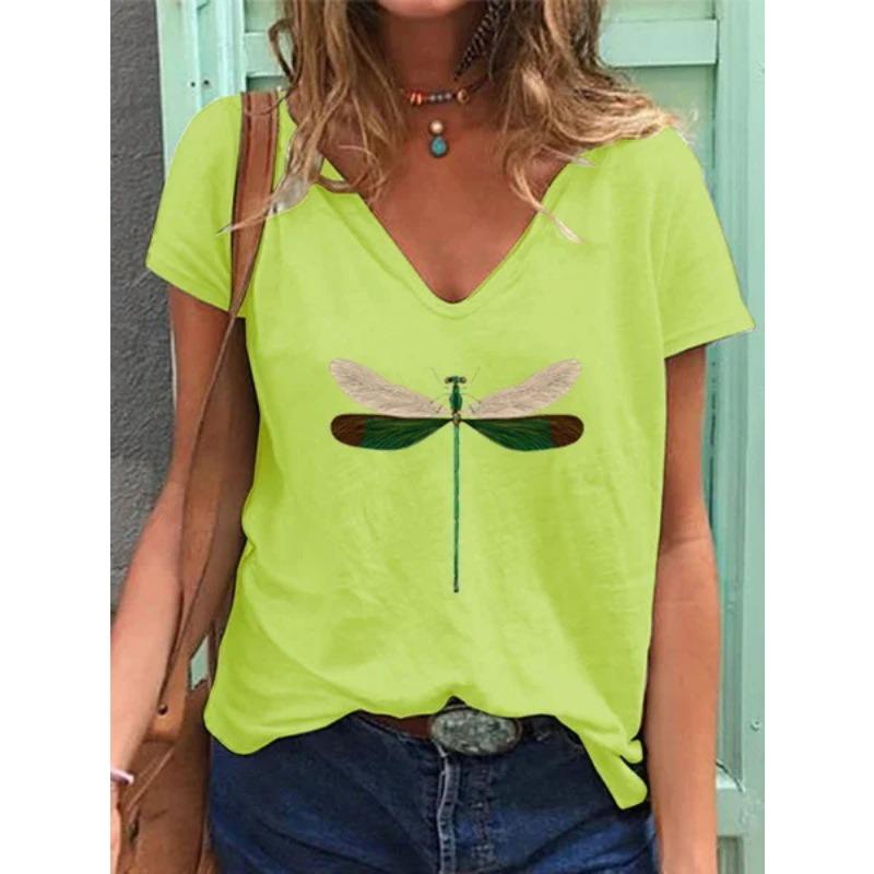 Summer Butterfly Dragonfly 3dV Neck Printed New Women's Top T-shirt