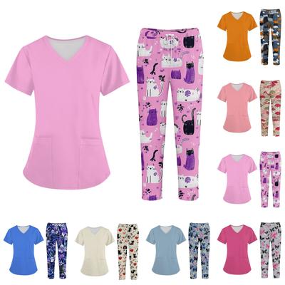 Плюс размерСкраб с принтом Рабочая форма Топы для женщин Крест V-образным вырезом Хэллоуин Принт с короткими рукавами Забавные футболки Спецодежда Футболка с карманами