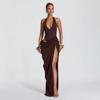 2026 Womens Evening Party Dress Sexy Deep V Neck Halter Backless Slit Ruffle Bodycon Gown