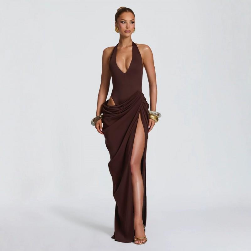2026 Womens Evening Party Dress Sexy Deep V Neck Halter Backless Slit Ruffle Bodycon Gown