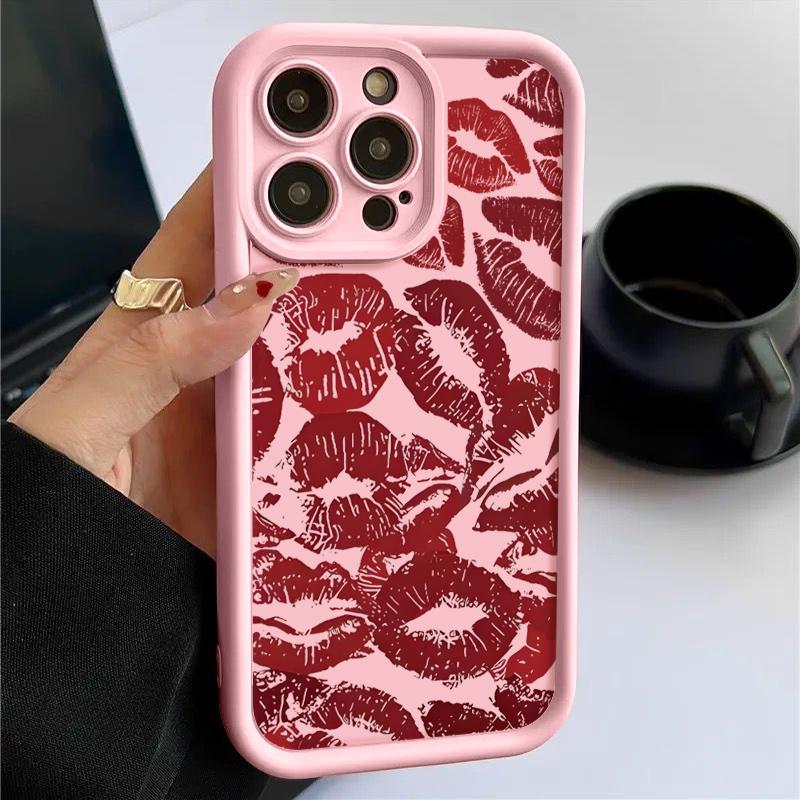 Модный мягкий чехол для телефона с принтом красных губ TPU для iPhone 16 Pro Max 15 Plus 14 Pro 13 12 11 XR XS 8 7, защита объектива, противоударный матовый бампер