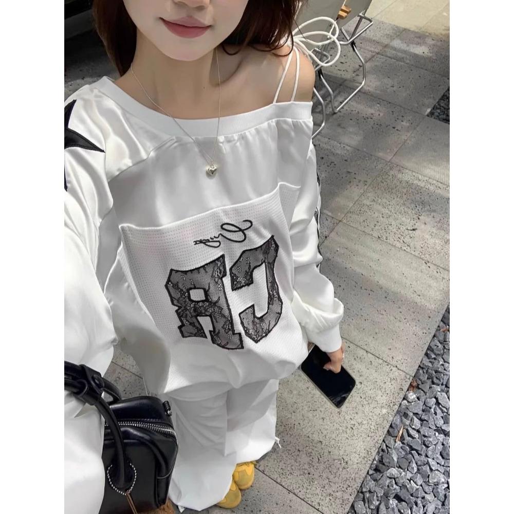Уличная одежда Y2k Графические толстовки Женские Эстетические кружевные толстовки с открытыми плечами Американские винтажные топы большого размера с длинным рукавом