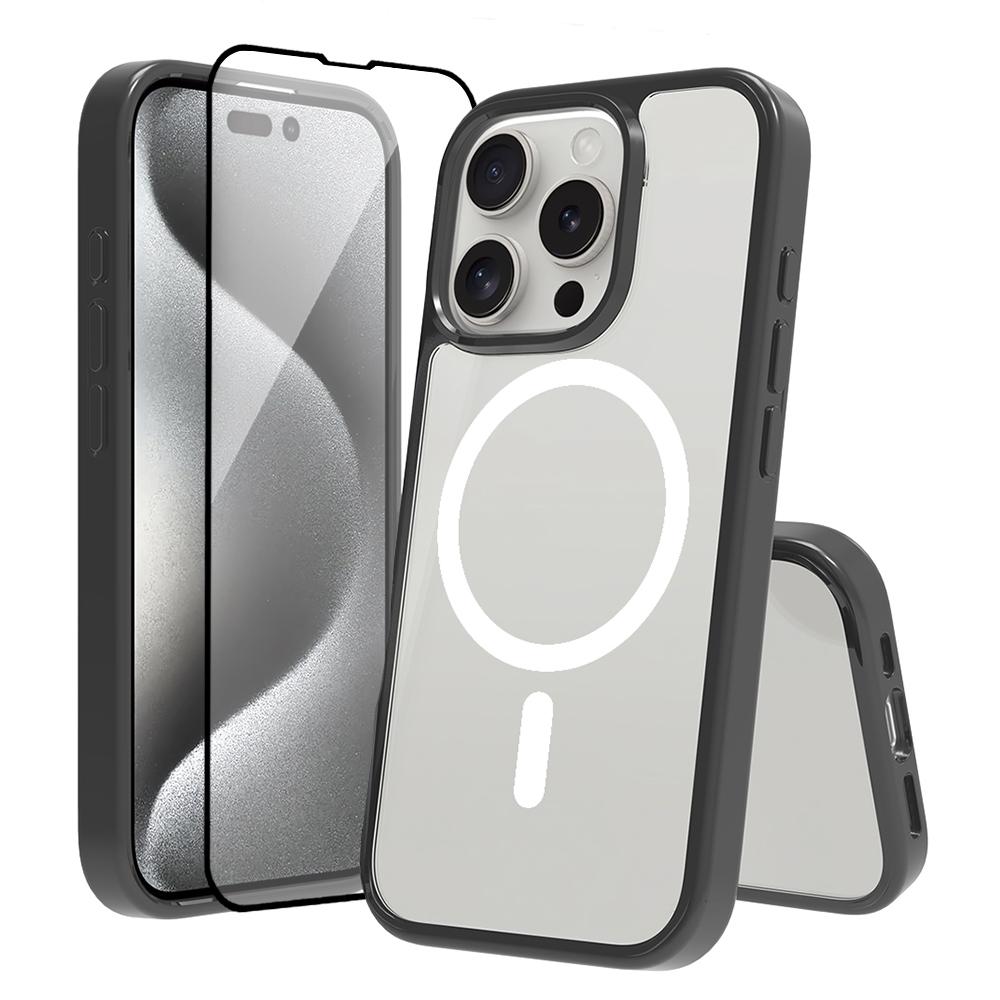 Для iPhone 16 Pro Чехол Совместимый с MagSafe PC+TPU Прозрачная Накладка на Телефон с Защитным Стеклом для Экрана