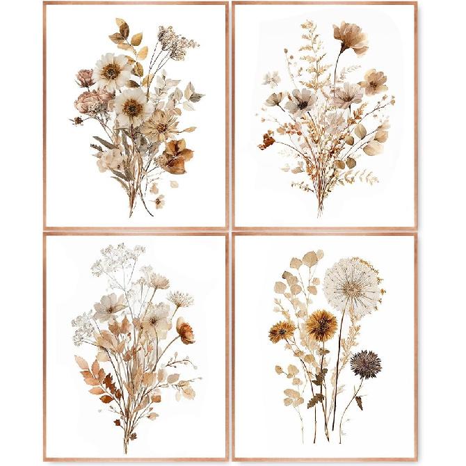 laveliabel Vintage Pink Rose Wall Art Prints Set of 4 Unframed, Floral Wall Decor, Shabby Chic Pink Floral Botanical Poster Prints for Cottagecore