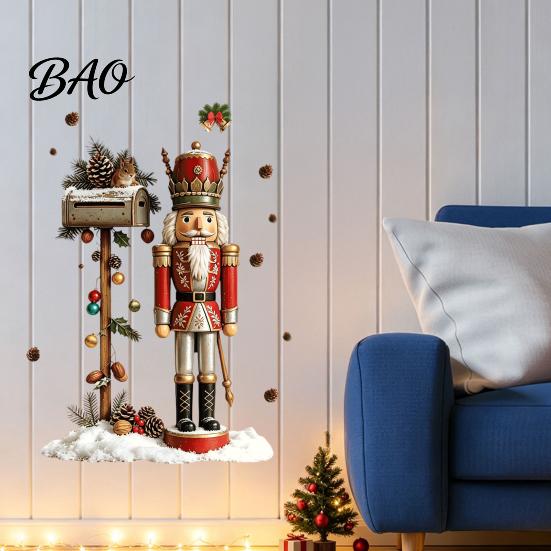 Christmas Atmosphere Wall Decals for Fridge Nutcracker Soldier Decal, Vintage Mailbox Snow Scene Self-Adhesive Party Background Decor Sticker,