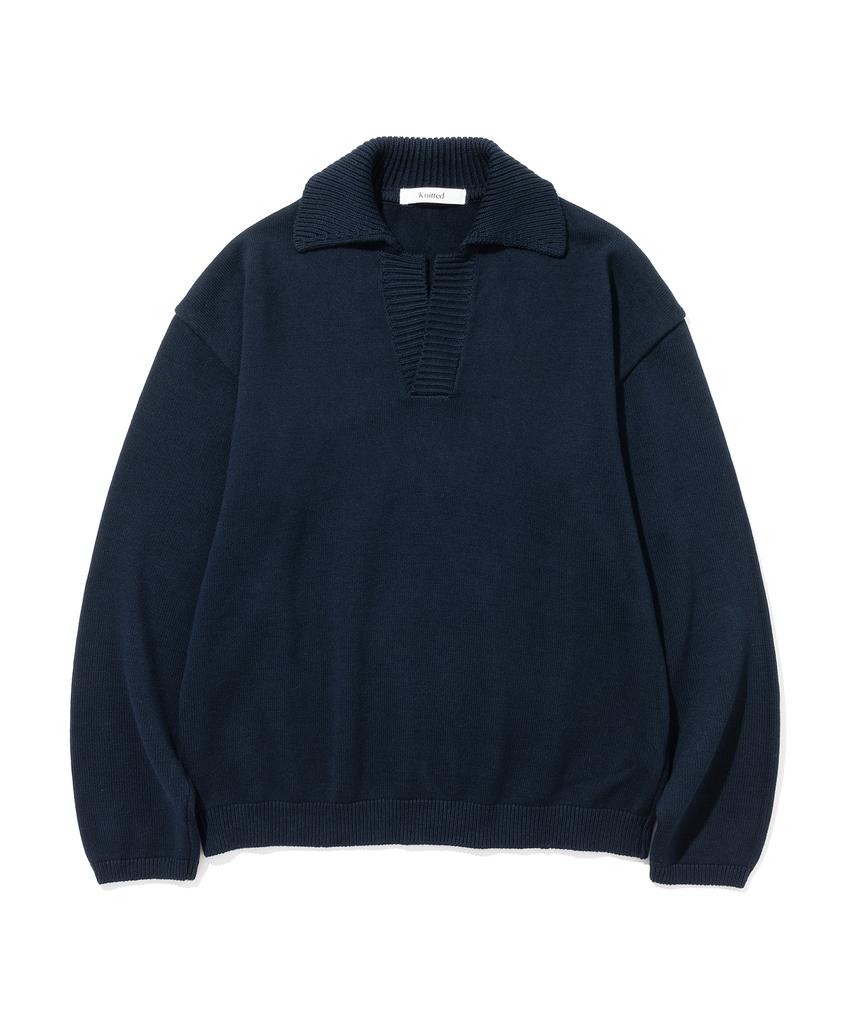KNITTED Open Collar Ribbed Collar Knit Navy