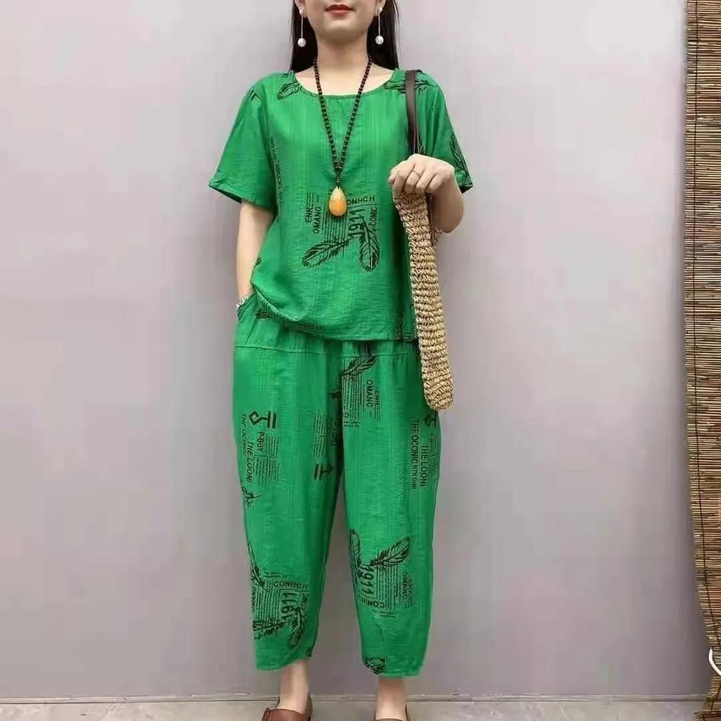 Женский свободный комплект из 2 шт./компл. с коротким рукавом и брюками, комплект с круглым вырезом, мягкий дышащий летний пижамный комплект с эластичной резинкой на талии и принтом перьев, летний пижамный комплект для повседневной носки