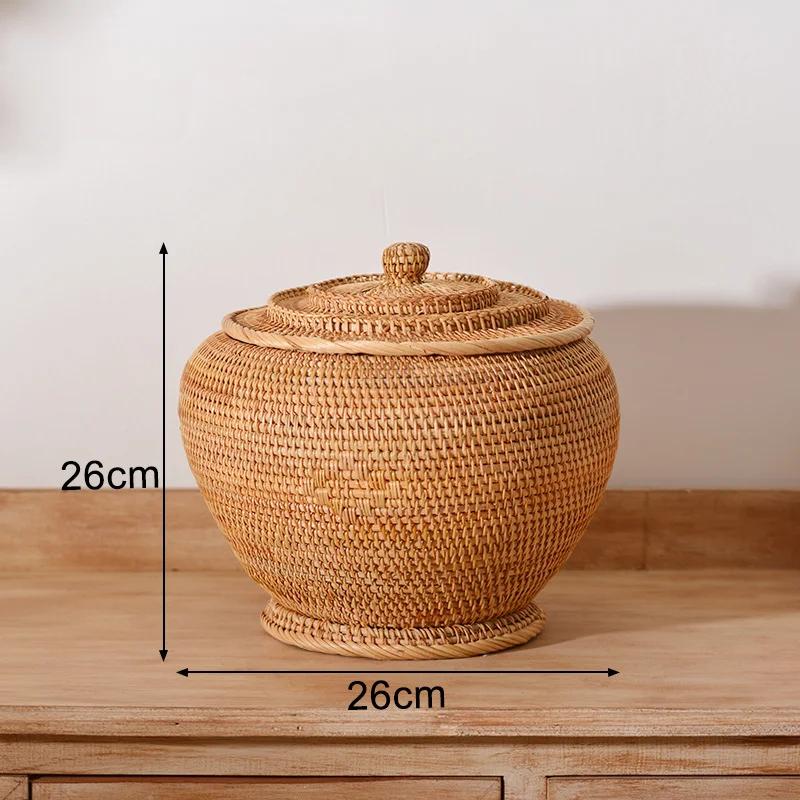Handwoven Rattan Storage Box with Lid Tea Food Container Kongfu Tea Set Bread Fruit Basket with Lid Puer Tea Bag Organizer