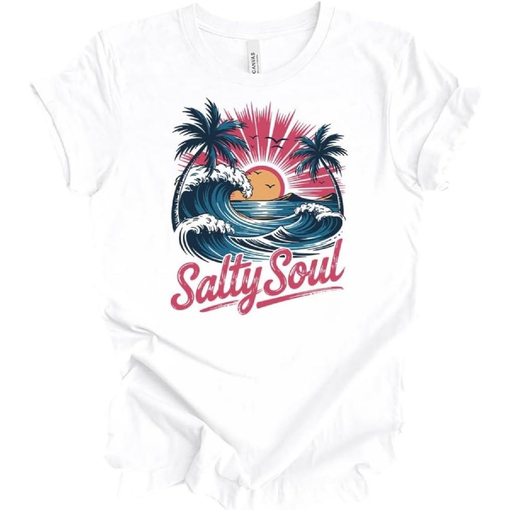 Trenz Shirt Company Женская футболка с коротким рукавом 'Salty Soul' с эффектом потертости и изображением пляжной сцены - Милые стильные женские летние топы