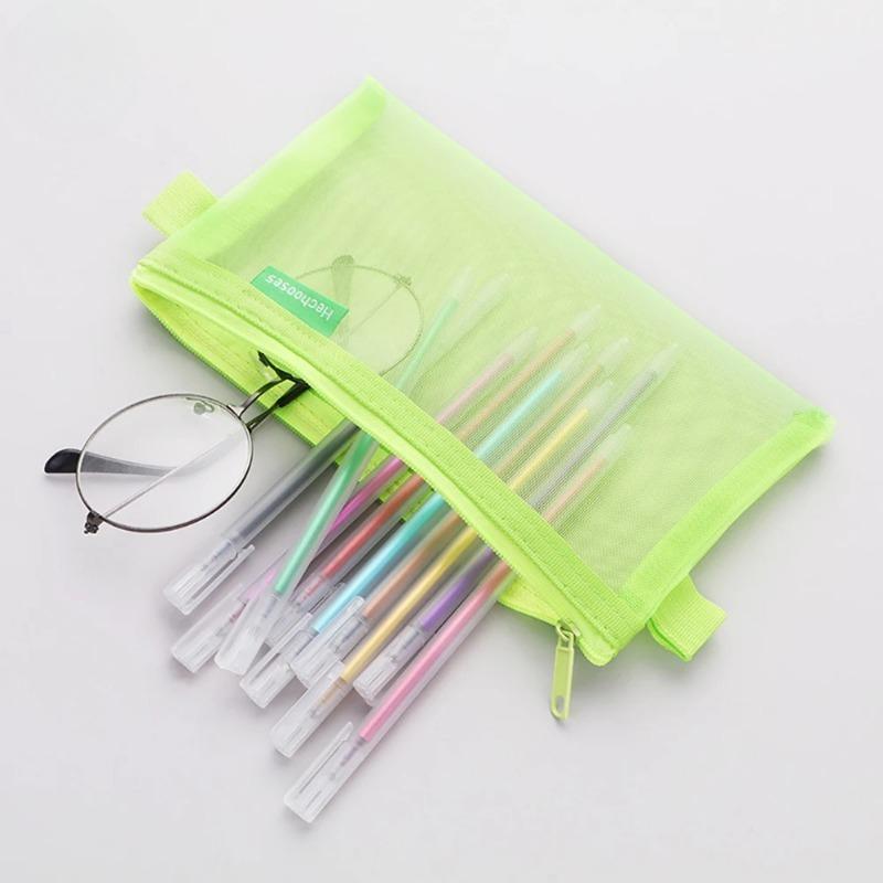 1 PCS Creative Mesh Transparent Cute Square Oval Portable Pen Pencil Pouch Bag School Office Supply Stationery Case Storage Bag
