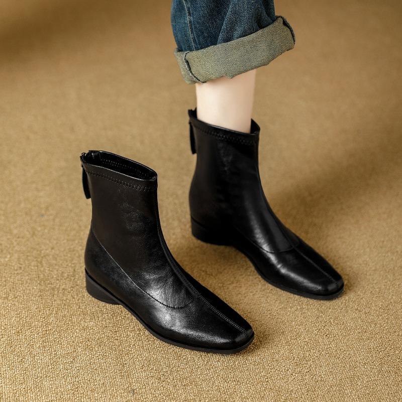 Retro Autumn and Winter New Rear Zipper Martin Boots Women's Thick Heel Versatile Soft Leather Square Head Fashion Elastic Thin Short Boots