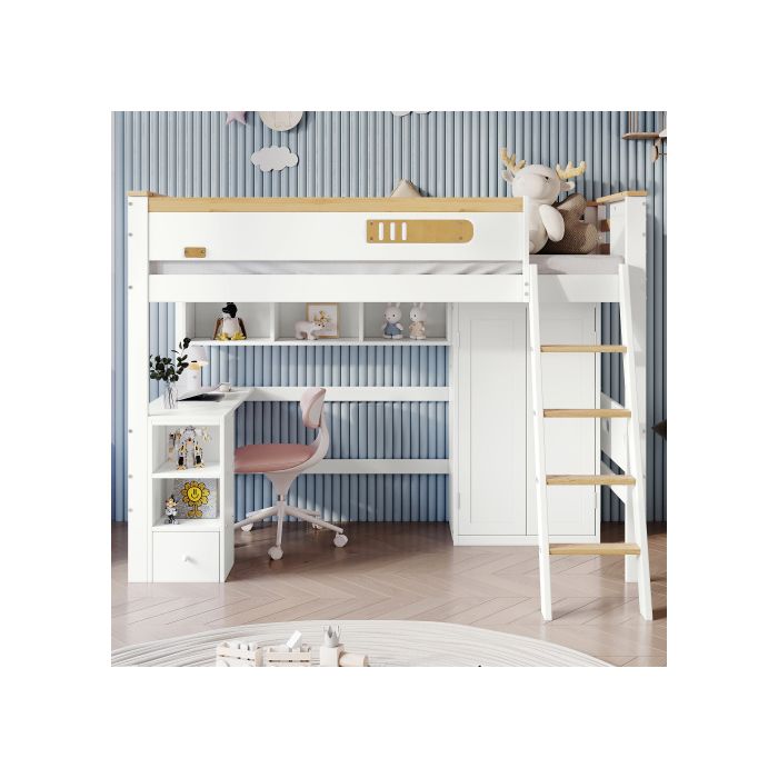 Двухъярусная кровать - 90x200 см - Белый + натуральные цвета - С защитными бортиками - Встроенный стол и шкаф