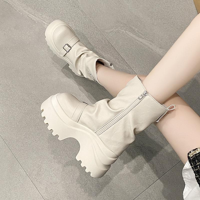 Модные женские кожаные ботинки Новые зимние мотоботы 9,5 см клиновидный каблук Высокая платформа Массивная обувь Женские осенние Толстая подошва Панк ботинки