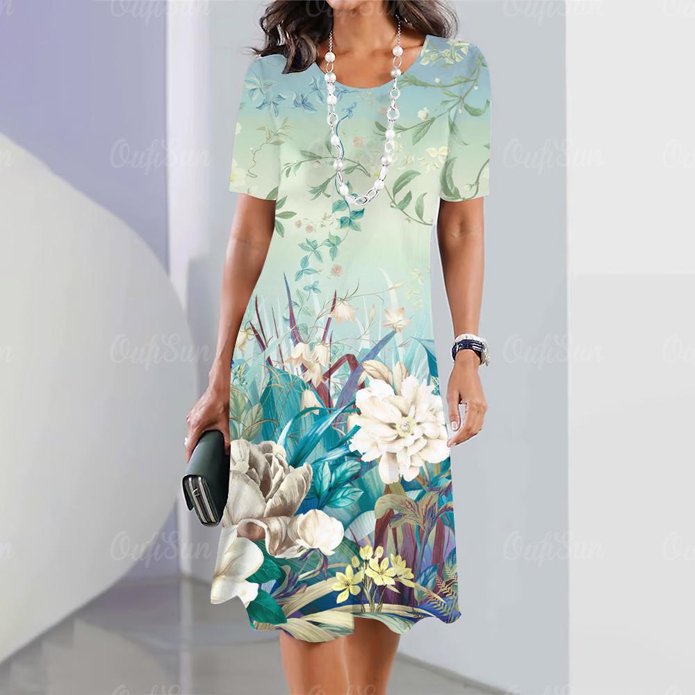 Летние женские платья с 3D-принтом в виде цветов с коротким рукавом, элегантная свободная юбка А-силуэта, модное женское платье большого размера