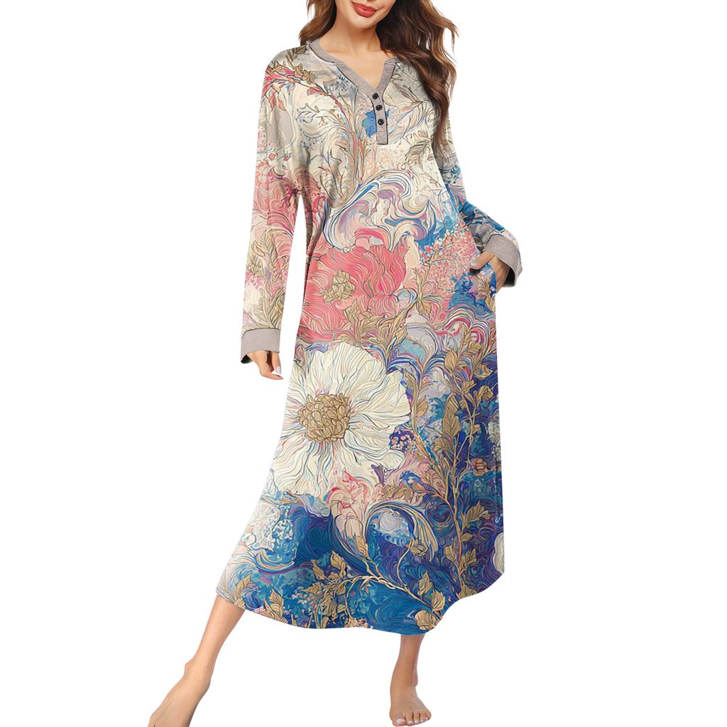 Женская ночная сорочка длинная домашняя одежда с V-образным вырезом и карманами