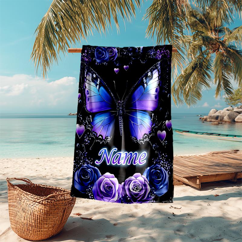 1PC Custom Name Purple Butterfly Roses Beach Towel Highly Absorbent And Sand-Resistant Towel for Swimming, Pool, Yoga, And Travel Lightweight