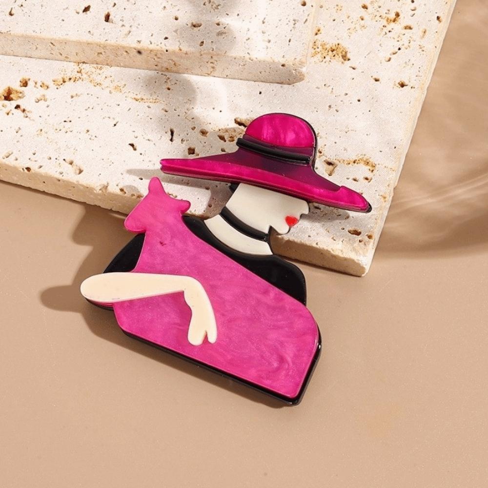 Large Women Portrait Pin Acrylic Coat Badge Cute Lady with Hat Brooch Clothing Accessories
