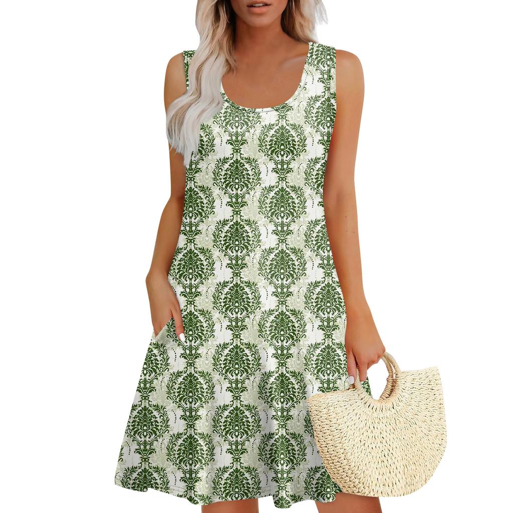 Women's Summer Casual U-shaped Tie Pocket Popular Floral Print Dress