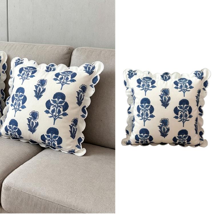 Elegant Blue And White Print Square Pillowcase With Embroidered Accent And Fade Resistant Materials