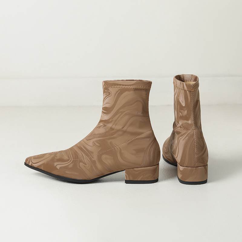 lenkisen PU Autumn Winter Shoes Thick Low Heels Printing Oriental Design Chelsea Boots Keep Warm Beauty Lady Ankle Boots