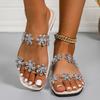 Модные женские сандалии-шлепанцы с цветком из стразов 2025 Модные летние шлепанцы с квадратным носком Женские легкие нескользящие пляжные шлепанцы для улицы