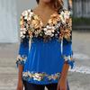 Women Spring Summer T-Shirt V-neck 3/4 Sleeve Pullover Tops Floral Print Lightweight Breathable Casual Tops Streetwear