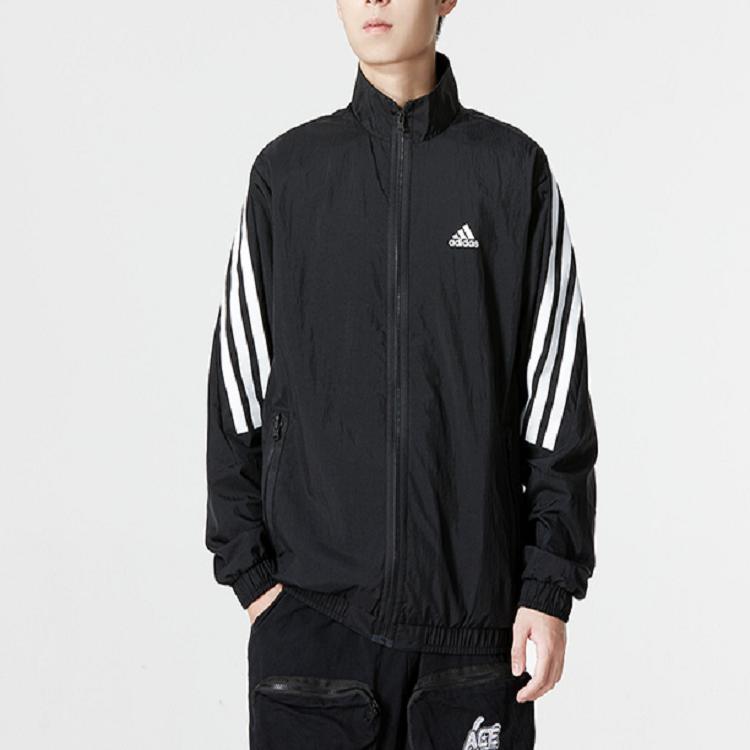 Adidas Classic Three-Stripe Logo Print Zip Jacket Men Outerwear Black HJ9944