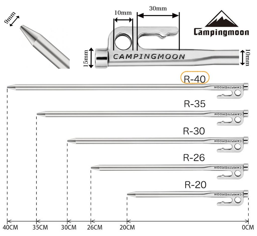 CAMPING MOON Martensitic Stainless Steel 420J Hardened Forged Peg 40cm Set of 6 Series Power Peg Ideal for Hard Ground R-40 R-40-6P