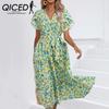 QICED Women's Fashion Summer Spring Floral Print Short Sleeve V-Neck Casual Dresses