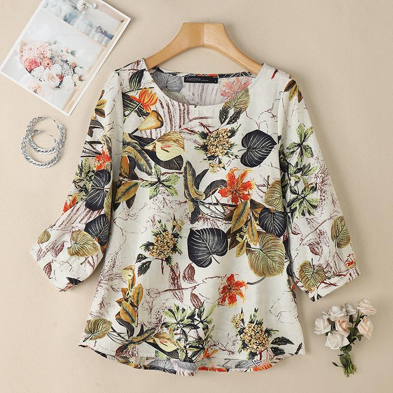 ZANZEA Women Casual Round Neck 3/4 Sleeve Loose Print Blouse