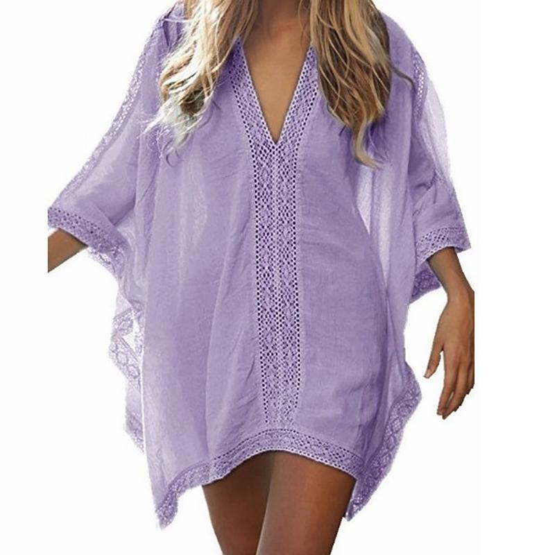 Женская праздничная пляжная Повседневная блузка с V-образным вырезом, однотонная кружевная свободная летняя солнцезащитная рубашка, купальный костюм