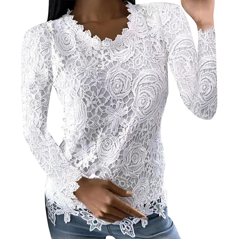 Tshirts Sleeve Long Tops Womens Lace Slim Fit Blouses Crewneck Tunic Tops Fall Shirt Loose Pullover Blouse