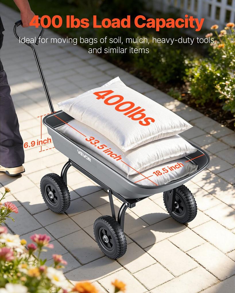 Garden Dump Cart, 181 kg Poly Dump Cart, Garden Carts Dumps Wagon with 90° Quick-Dumps Mechanism, 180° Swivel Wheels, 270° Flexible Rotating Bearings,
